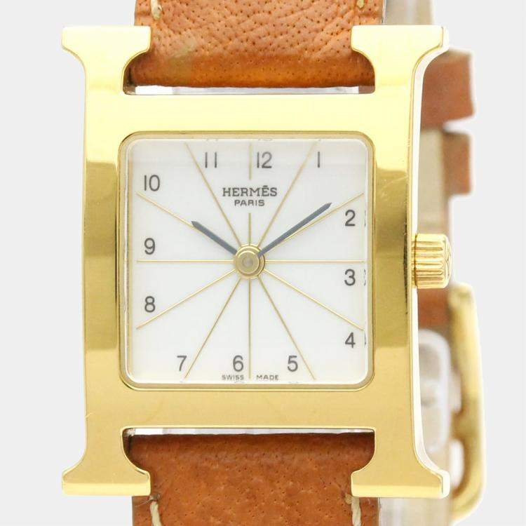 Pre Owned Hermes White Yellow Gold Plated Stainless Steel H HH1.201 Quartz Women's Wristwatch 21 mm