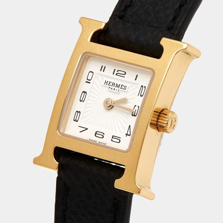 Pre Owned Hermes White Yellow Gold Plated stainless Steel Leather Heure H HH1.101 Women's Wristwatch 17 mm