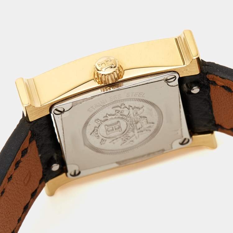 Pre Owned Hermes White Yellow Gold Plated stainless Steel Leather Heure H HH1.101 Women's Wristwatch 17 mm