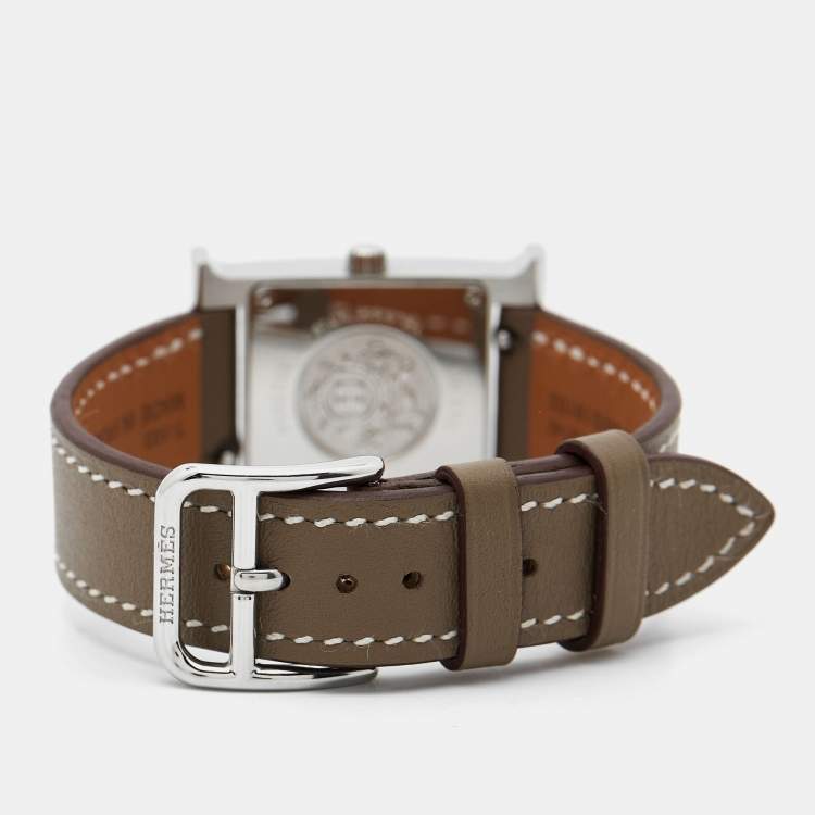 Pre Owned Hermes Mother of Pearl Stainless Steel Diamonds Leather Heure H HH1.235 Women's Wristwatch 21 mm