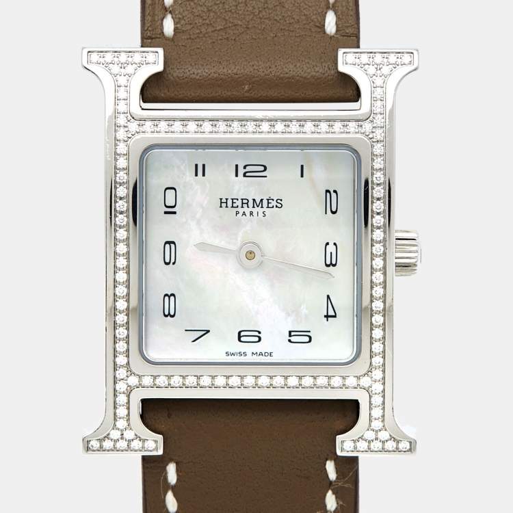 Pre Owned Hermes Mother of Pearl Stainless Steel Diamonds Leather Heure H HH1.235 Women's Wristwatch 21 mm