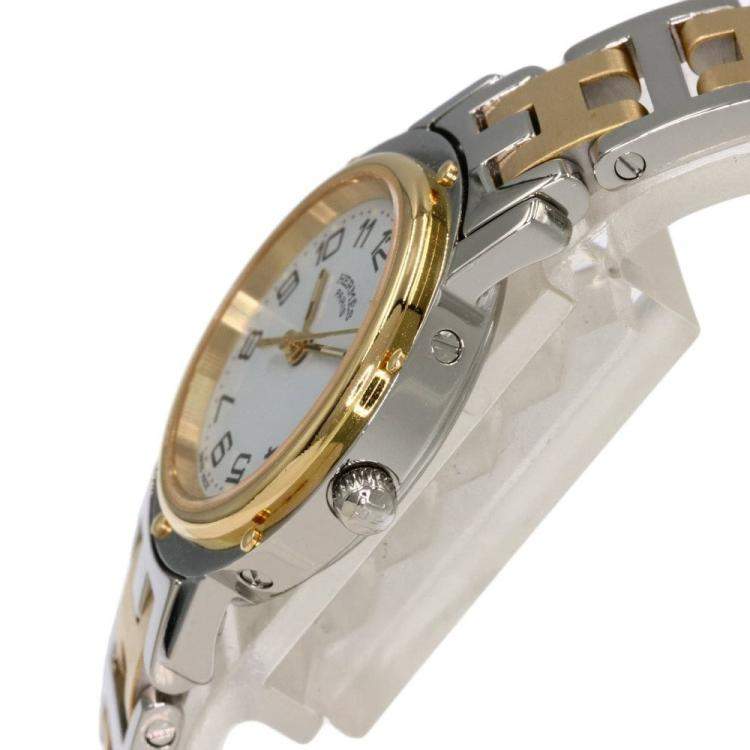 Pre Owned Hermes Silver Yellow Gold Plated Stainless Steel Clipper CL4.210 Quartz Women's Wristwatch 24 mm