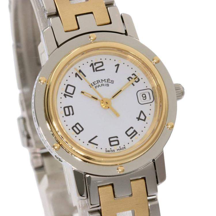 Pre Owned Hermes Silver Yellow Gold Plated Stainless Steel Clipper CL4.210 Quartz Women's Wristwatch 24 mm