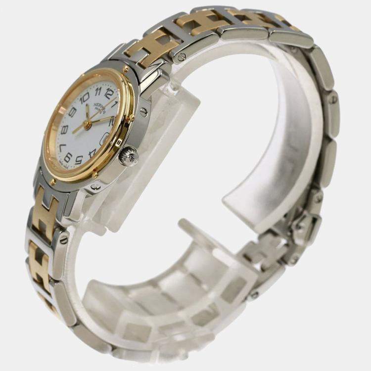 Pre Owned Hermes Silver Yellow Gold Plated Stainless Steel Clipper CL4.210 Quartz Women's Wristwatch 24 mm