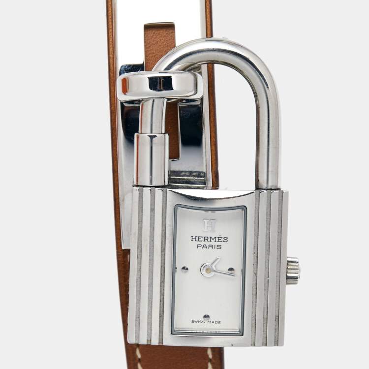 Pre Owned Hermes Silver Stainless Steel Leather Kelly KE1.210 Women's Wristwatch 20 mm