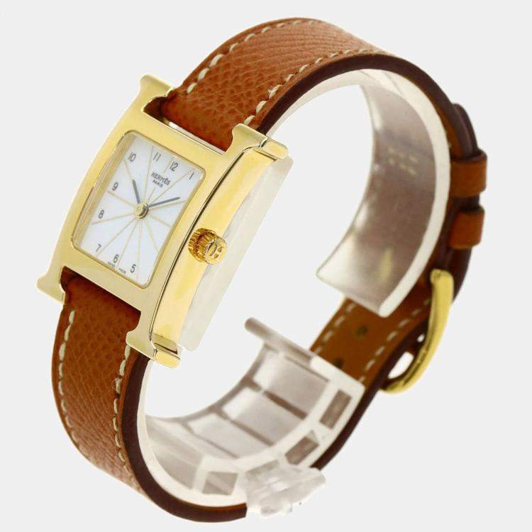 Pre Owned Hermes White Yellow Gold Plated Stainless Steel Heure H HH1.201 Women's Wristwatch 21 mm