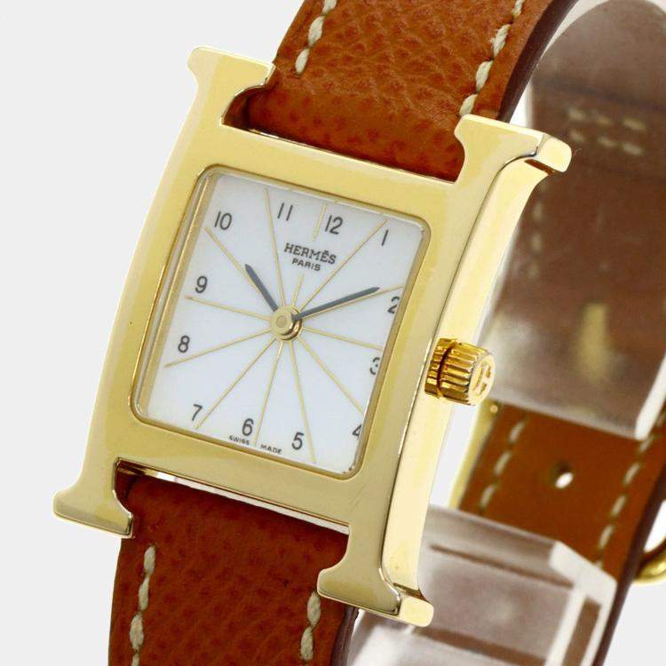 Pre Owned Hermes White Yellow Gold Plated Stainless Steel Heure H HH1.201 Women's Wristwatch 21 mm