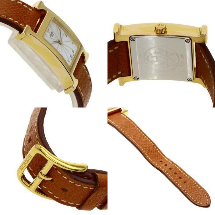 Pre Owned Hermes White Yellow Gold Plated Stainless Steel Heure H HH1.201 Women's Wristwatch 21 mm