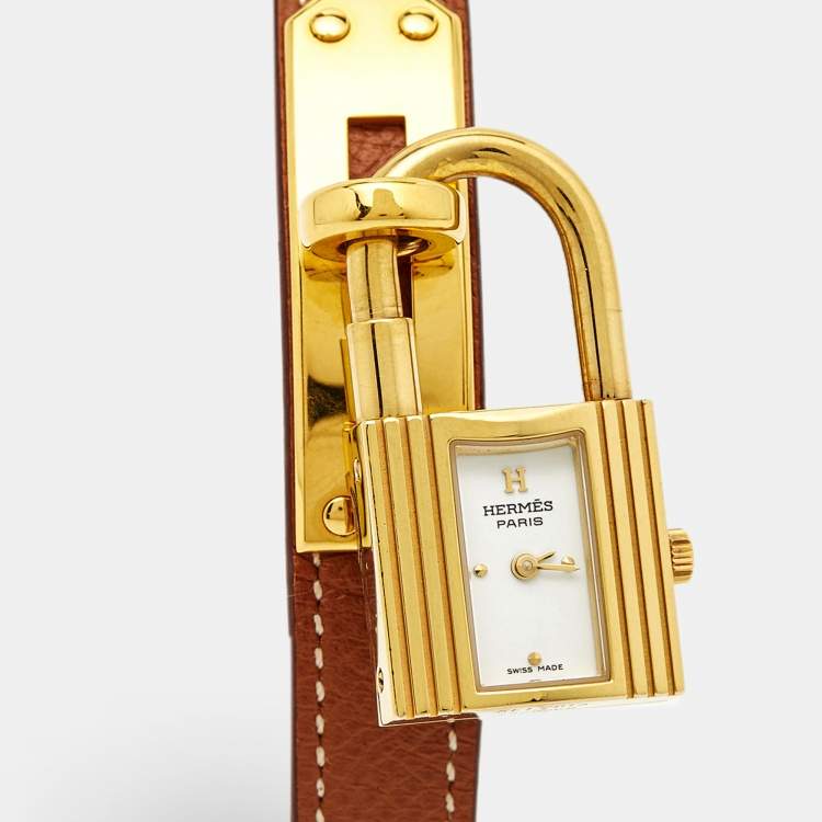 Pre Owned Hermes White Gold Plated Stainless Steel Leather Kelly KE1.201a Women's wristwatch 20 mm 