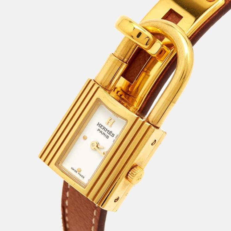 Pre Owned Hermes White Gold Plated Stainless Steel Leather Kelly KE1.201a Women's wristwatch 20 mm 