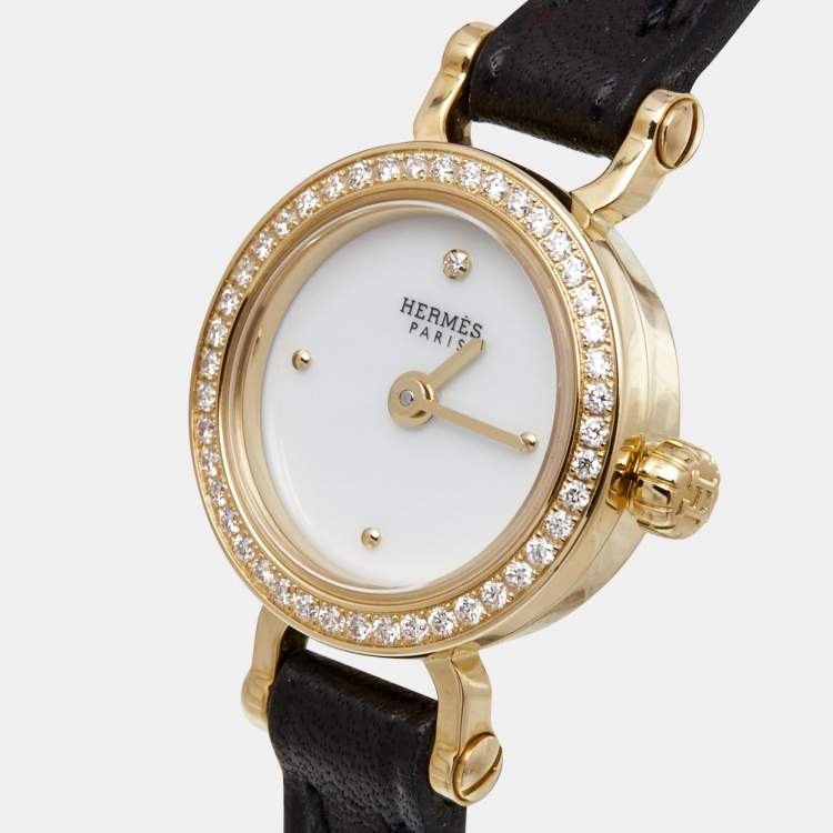 Pre Owned Hermes White 18k Yellow Gold Diamond Calfskin Faubourg W049308WW00 Women's Wristwatch 15 mm
