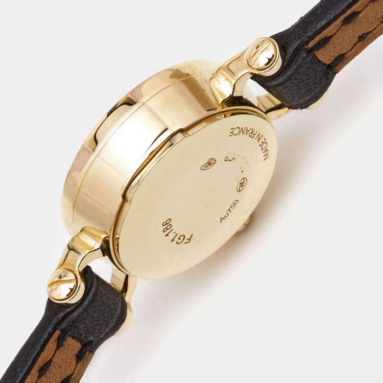 Pre Owned Hermes White 18k Yellow Gold Diamond Calfskin Faubourg W049308WW00 Women's Wristwatch 15 mm