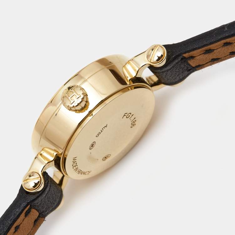 Pre Owned Hermes White 18k Yellow Gold Diamond Calfskin Faubourg W049308WW00 Women's Wristwatch 15 mm