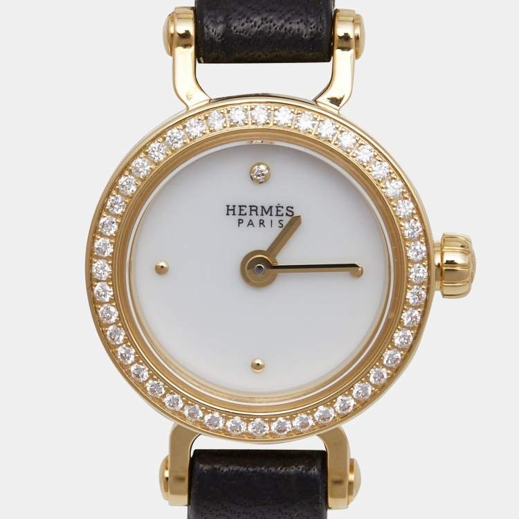 Pre Owned Hermes White 18k Yellow Gold Diamond Calfskin Faubourg W049308WW00 Women's Wristwatch 15 mm