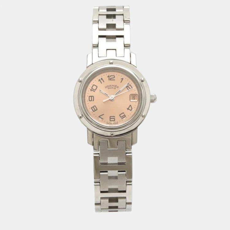 Pre Owned Hermes Pink Stainless Steel Clipper CL4.210 Quartz Women's Wristwatch 23 mm