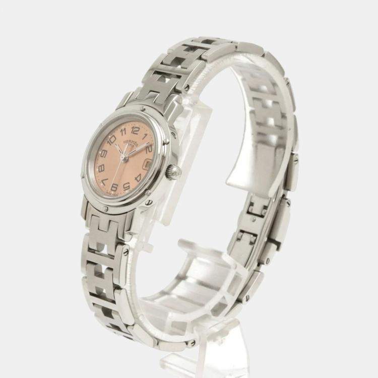 Pre Owned Hermes Pink Stainless Steel Clipper CL4.210 Quartz Women's Wristwatch 23 mm