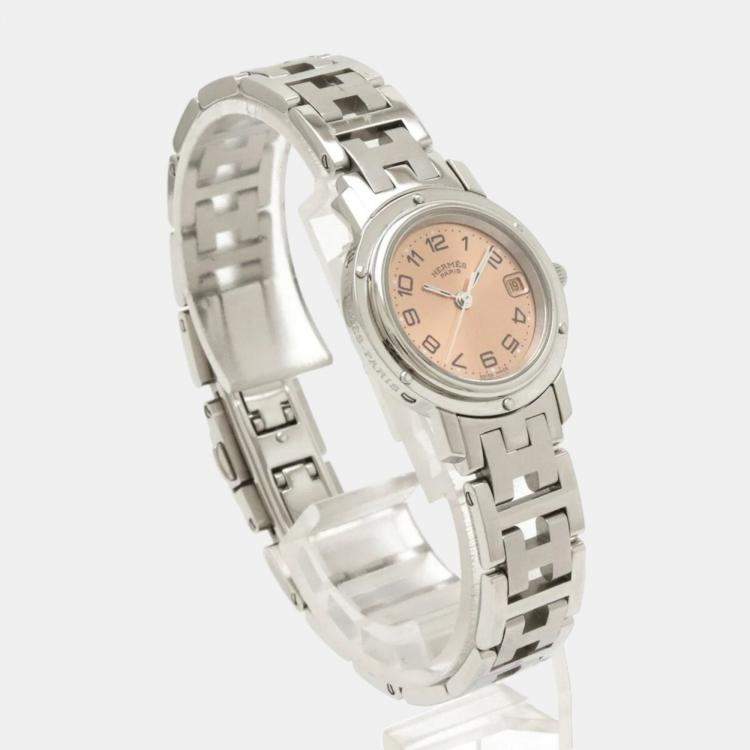 Pre Owned Hermes Pink Stainless Steel Clipper CL4.210 Quartz Women's Wristwatch 23 mm