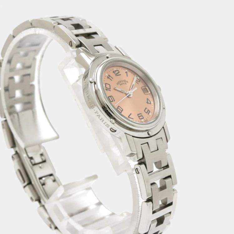 Pre Owned Hermes Pink Stainless Steel Clipper CL4.210 Quartz Women's Wristwatch 23 mm