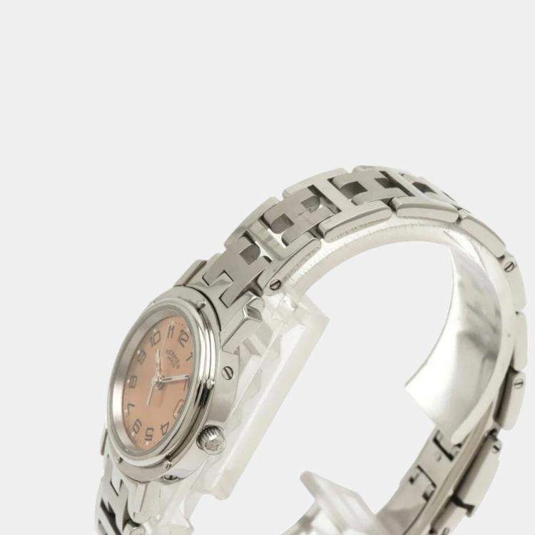Pre Owned Hermes Pink Stainless Steel Clipper CL4.210 Quartz Women's Wristwatch 23 mm