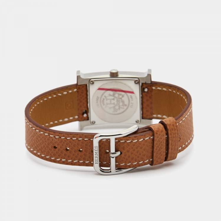مملوكة مسبقًا Hermes White Stainless Steel Calfskin Leather Heure H 036702WW00 Women's Wristwatch 21 mm