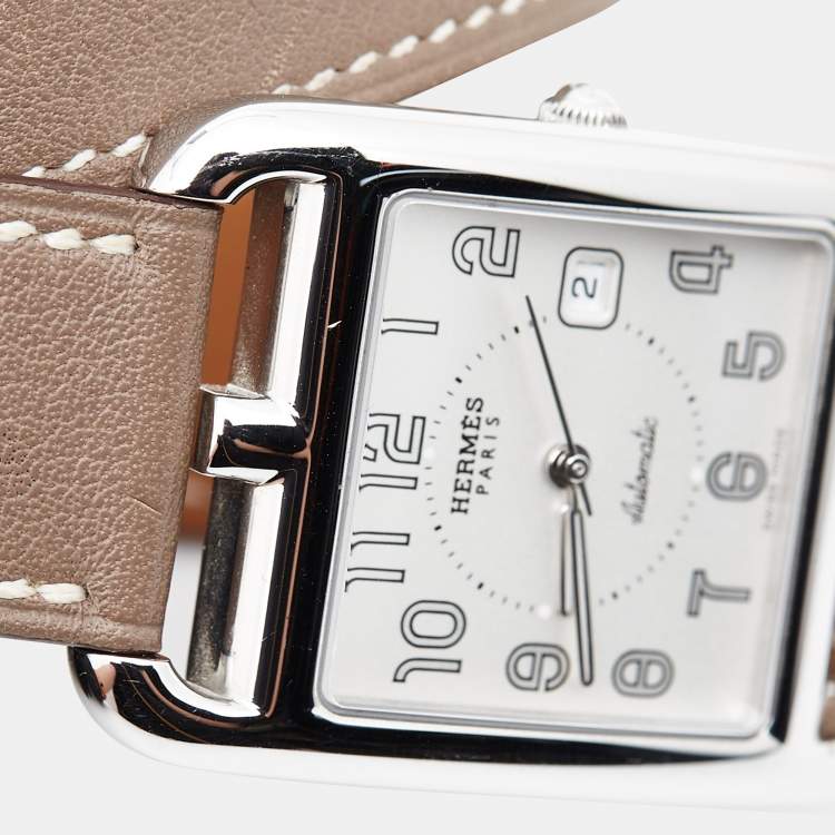 Pre Owned Hermes Silver Stainless Steel Leather Cape Cod CC1.710 Women's Wristwatch 29 mm