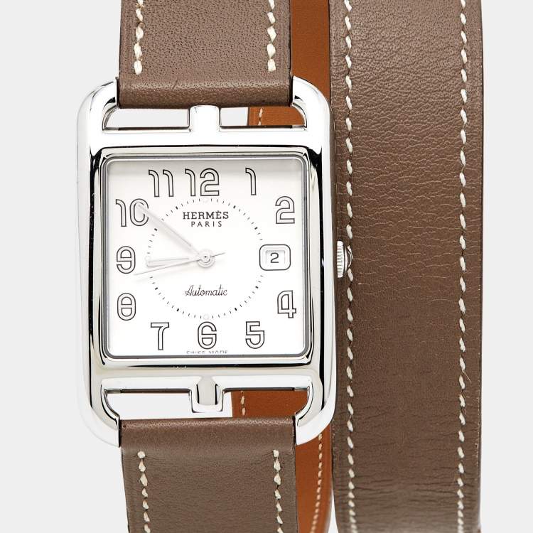 Pre Owned Hermes Silver Stainless Steel Leather Cape Cod CC1.710 Women's Wristwatch 29 mm