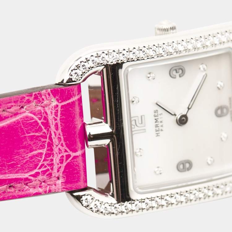 Pre Owned Hermes Mother Of Pearl Diamond Stainless Steel Alligator Leather Cape Cod CC1.232 Women's Wristwatch 23 mm