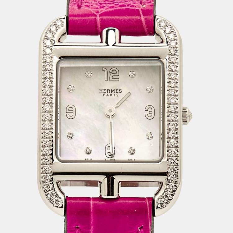 Pre Owned Hermes Mother Of Pearl Diamond Stainless Steel Alligator Leather Cape Cod CC1.232 Women's Wristwatch 23 mm