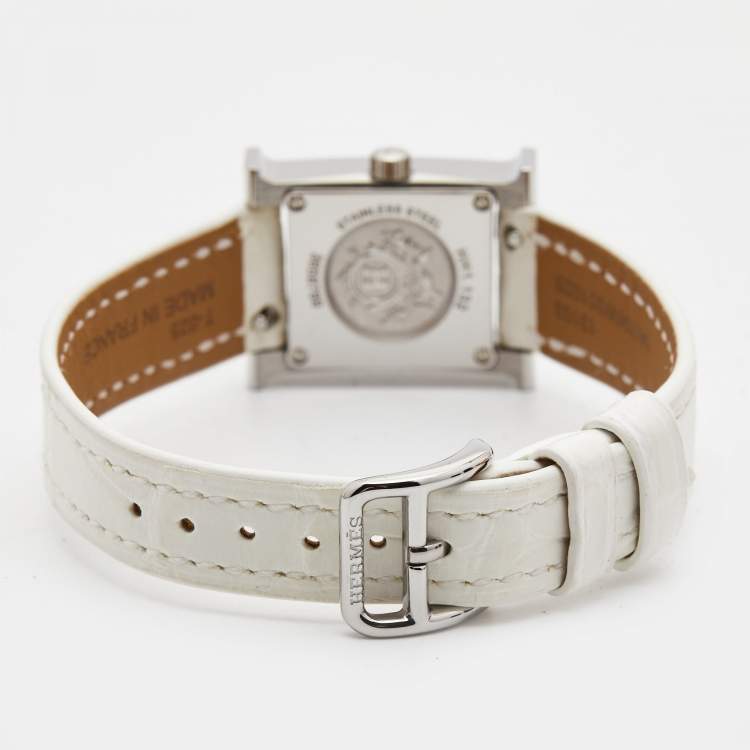 Pre Owned Hermès Mother Of Pearl Diamond Stainless Steel Alligator Leather Heure H W057250WW00 Women's Wristwatch 17 mm