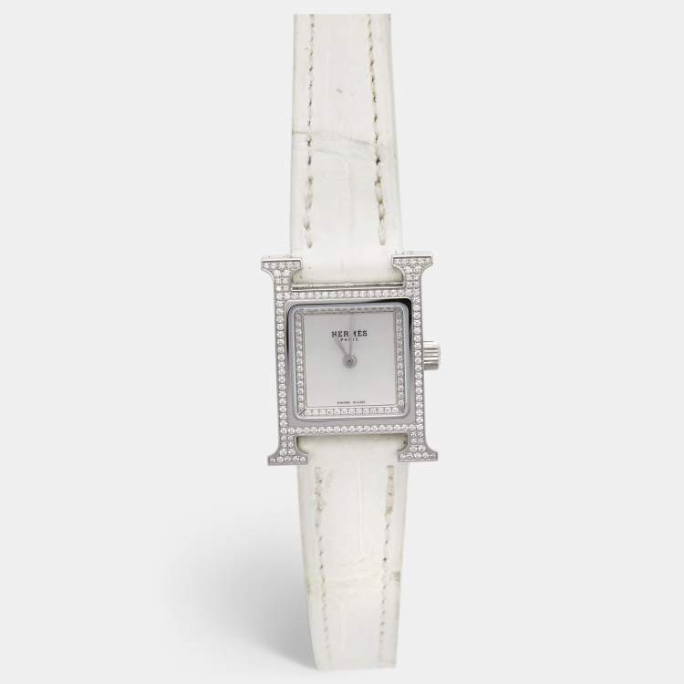 Pre Owned Hermès Mother Of Pearl Diamond Stainless Steel Alligator Leather Heure H W057250WW00 Women's Wristwatch 17 mm