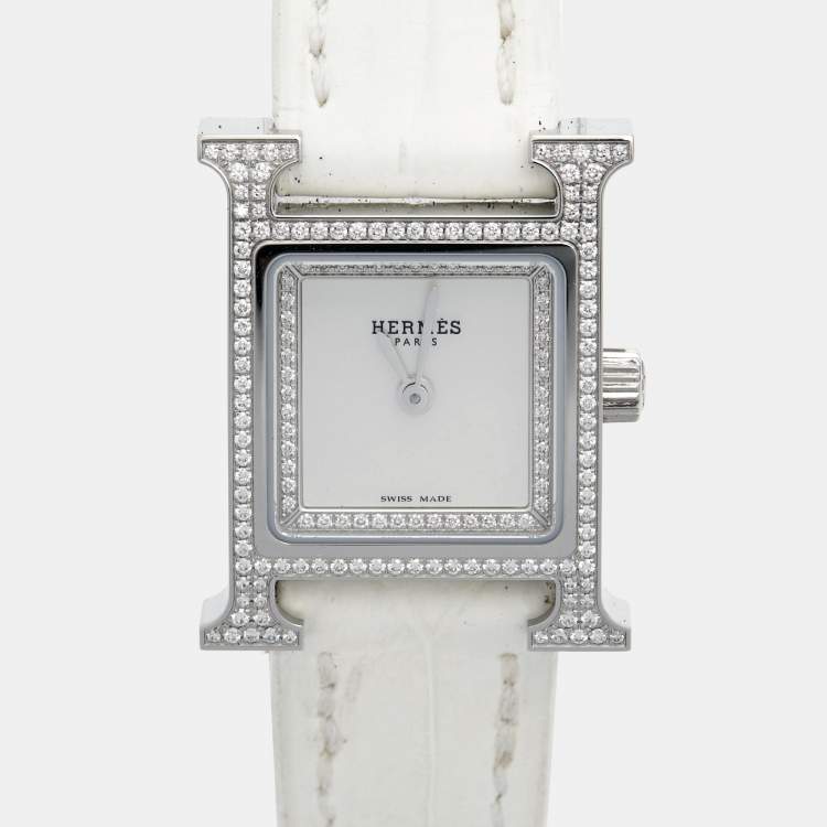 Pre Owned Hermès Mother Of Pearl Diamond Stainless Steel Alligator Leather Heure H W057250WW00 Women's Wristwatch 17 mm
