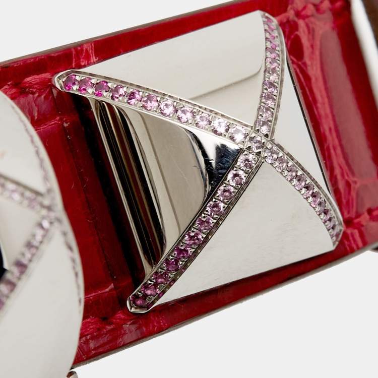 Pre Owned Hermes Silver Stainless Steel Alligator Leather Pink Sapphire Medor ME3.234 Women's Wristwatch 23 mm