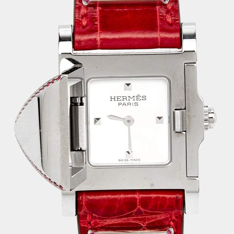 Pre Owned Hermes Silver Stainless Steel Alligator Leather Pink Sapphire Medor ME3.234 Women's Wristwatch 23 mm