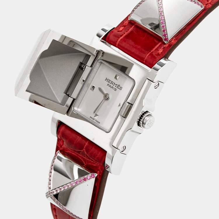 Pre Owned Hermes Silver Stainless Steel Alligator Leather Pink Sapphire Medor ME3.234 Women's Wristwatch 23 mm