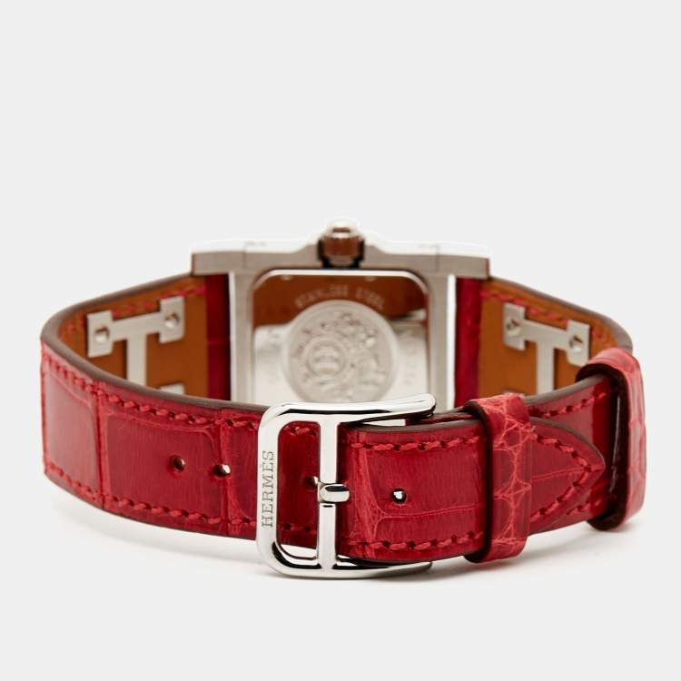 Pre Owned Hermes Silver Stainless Steel Alligator Leather Pink Sapphire Medor ME3.234 Women's Wristwatch 23 mm