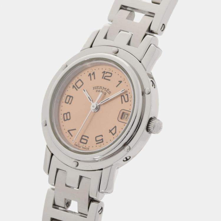 Pre Owned Hermes Pink Stainless Steel Clipper CL4.210 Quartz Women's Wristwatch 24 mm
