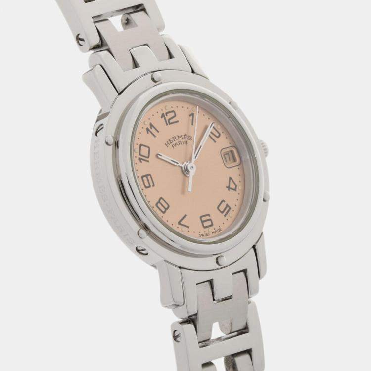 Pre Owned Hermes Pink Stainless Steel Clipper CL4.210 Quartz Women's Wristwatch 24 mm