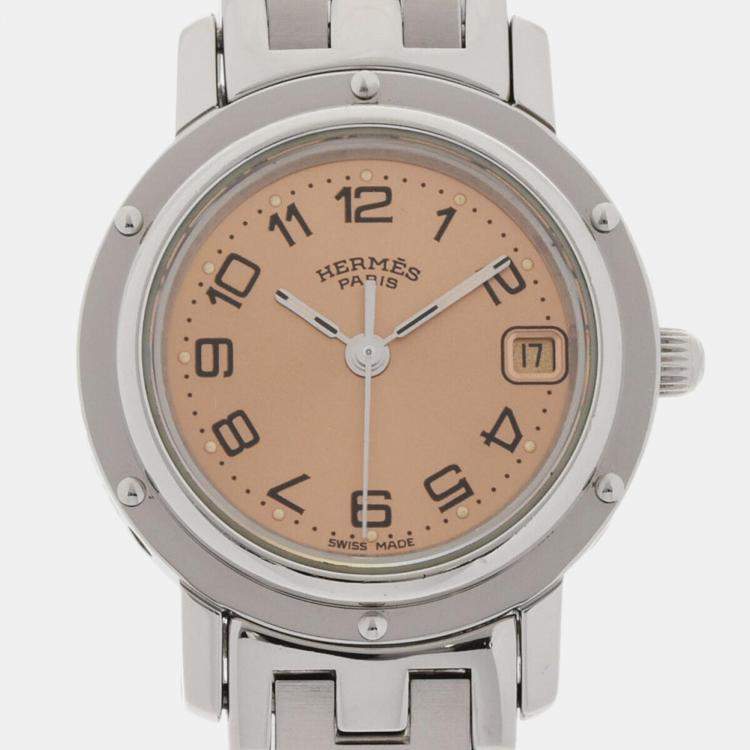 Pre Owned Hermes Pink Stainless Steel Clipper CL4.210 Quartz Women's Wristwatch 24 mm