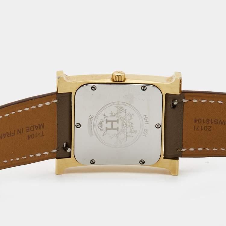 Pre Owned Hermès  Champagne Gold Plated Stainless Steel Leather Heure H HH1.501 Women's Wristwatch 26 mm