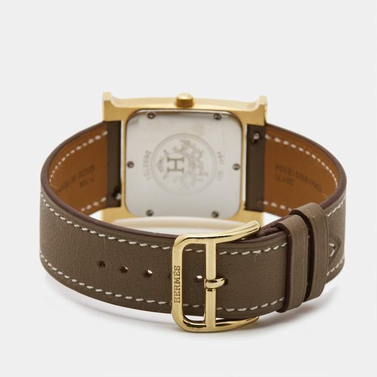 Pre Owned Hermès  Champagne Gold Plated Stainless Steel Leather Heure H HH1.501 Women's Wristwatch 26 mm