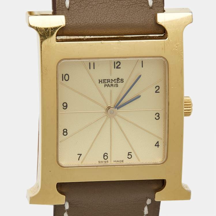 Pre Owned Hermès  Champagne Gold Plated Stainless Steel Leather Heure H HH1.501 Women's Wristwatch 26 mm