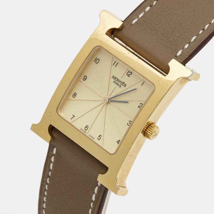Pre Owned Hermès  Champagne Gold Plated Stainless Steel Leather Heure H HH1.501 Women's Wristwatch 26 mm