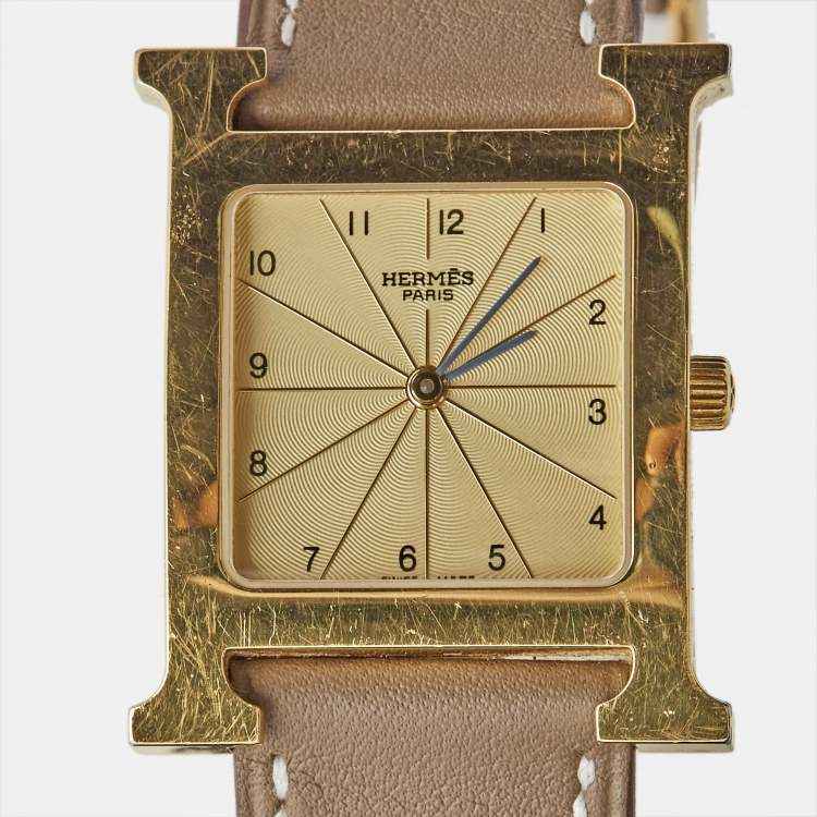 Pre Owned Hermès  Champagne Gold Plated Stainless Steel Leather Heure H HH1.501 Women's Wristwatch 26 mm