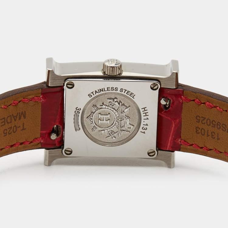 Pre Owned Hermès Mother of Pearl Stainless Steel Diamond Alligator Heure H Mini HH1.131 Women's Wristwatch 17 mm