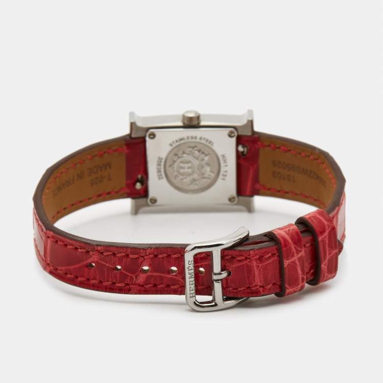 Pre Owned Hermès Mother of Pearl Stainless Steel Diamond Alligator Heure H Mini HH1.131 Women's Wristwatch 17 mm