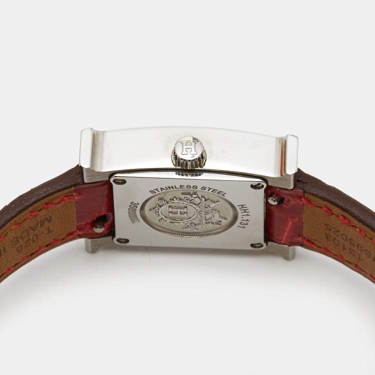 Pre Owned Hermès Mother of Pearl Stainless Steel Diamond Alligator Heure H Mini HH1.131 Women's Wristwatch 17 mm