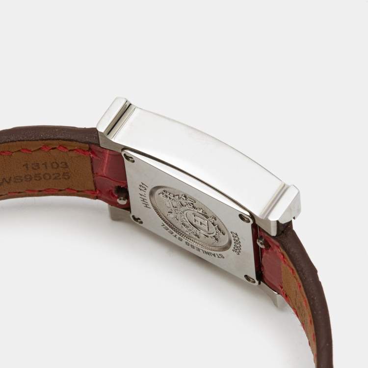 Pre Owned Hermès Mother of Pearl Stainless Steel Diamond Alligator Heure H Mini HH1.131 Women's Wristwatch 17 mm
