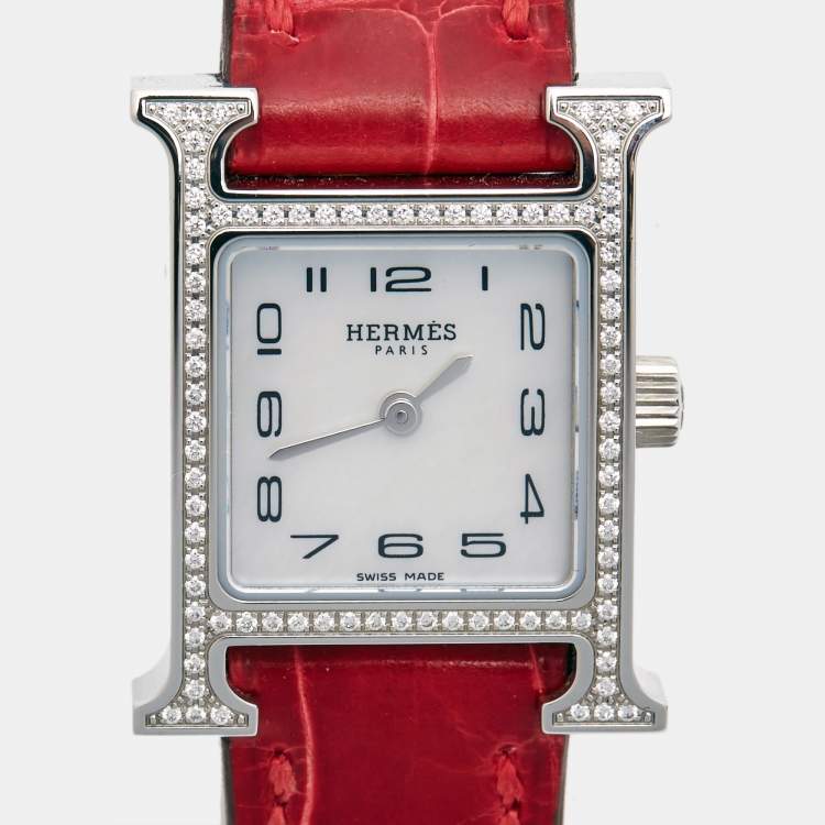Pre Owned Hermès Mother of Pearl Stainless Steel Diamond Alligator Heure H Mini HH1.131 Women's Wristwatch 17 mm