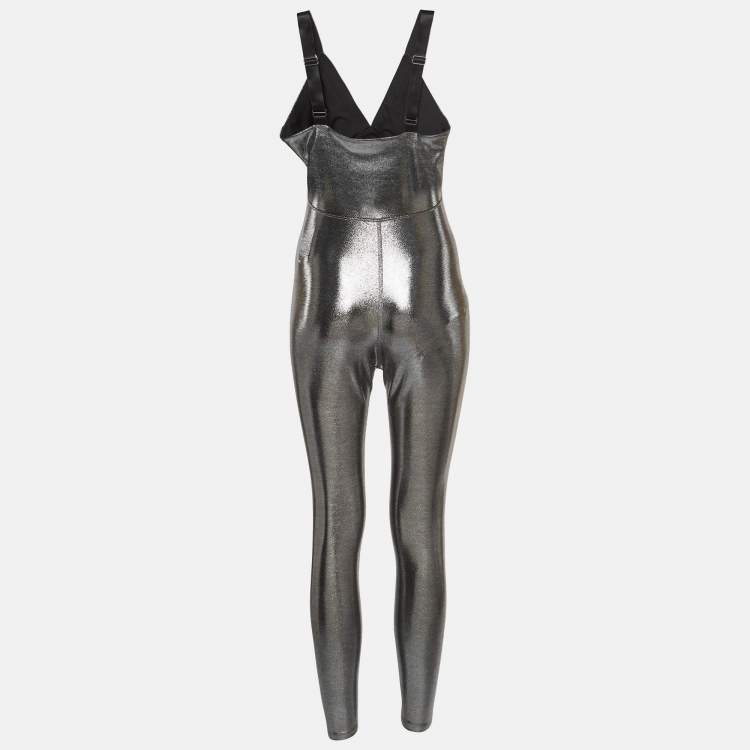 Pre Owned Heroine Sport Metallic Silver Lamé Racing Jumpsuit L