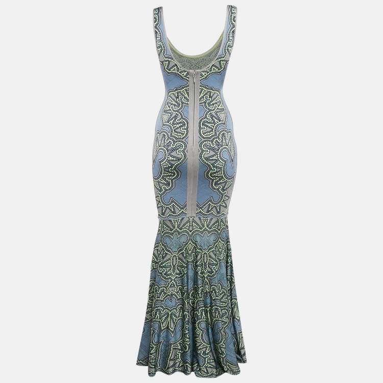 Pre Owned Herve Leger by Max Azria Blue Jacquard Knit Sleeveless Maxi Dress S